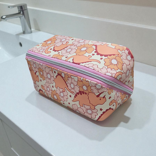 Floral dinos wide opening toiletries bag