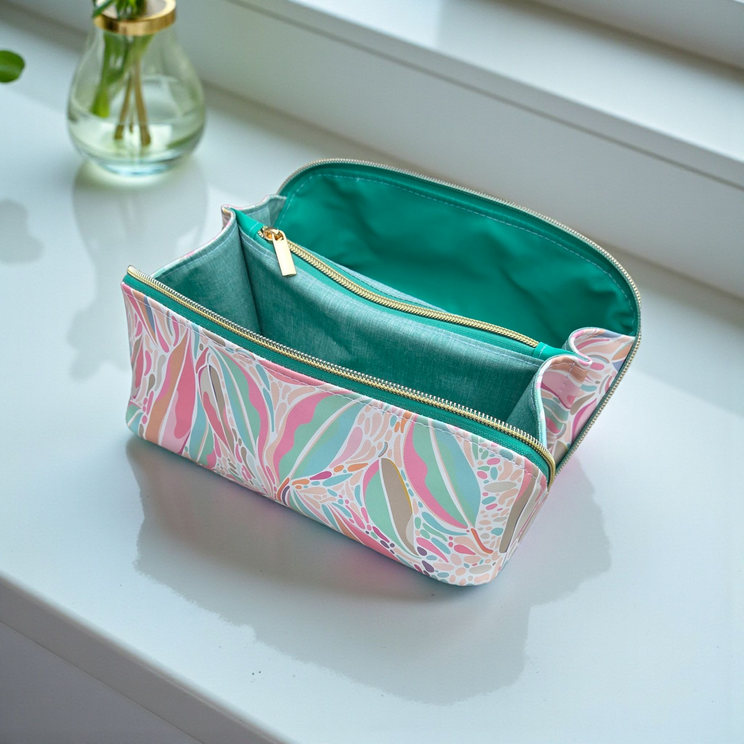 Whimsical gum leaves wide opening toiletries bag