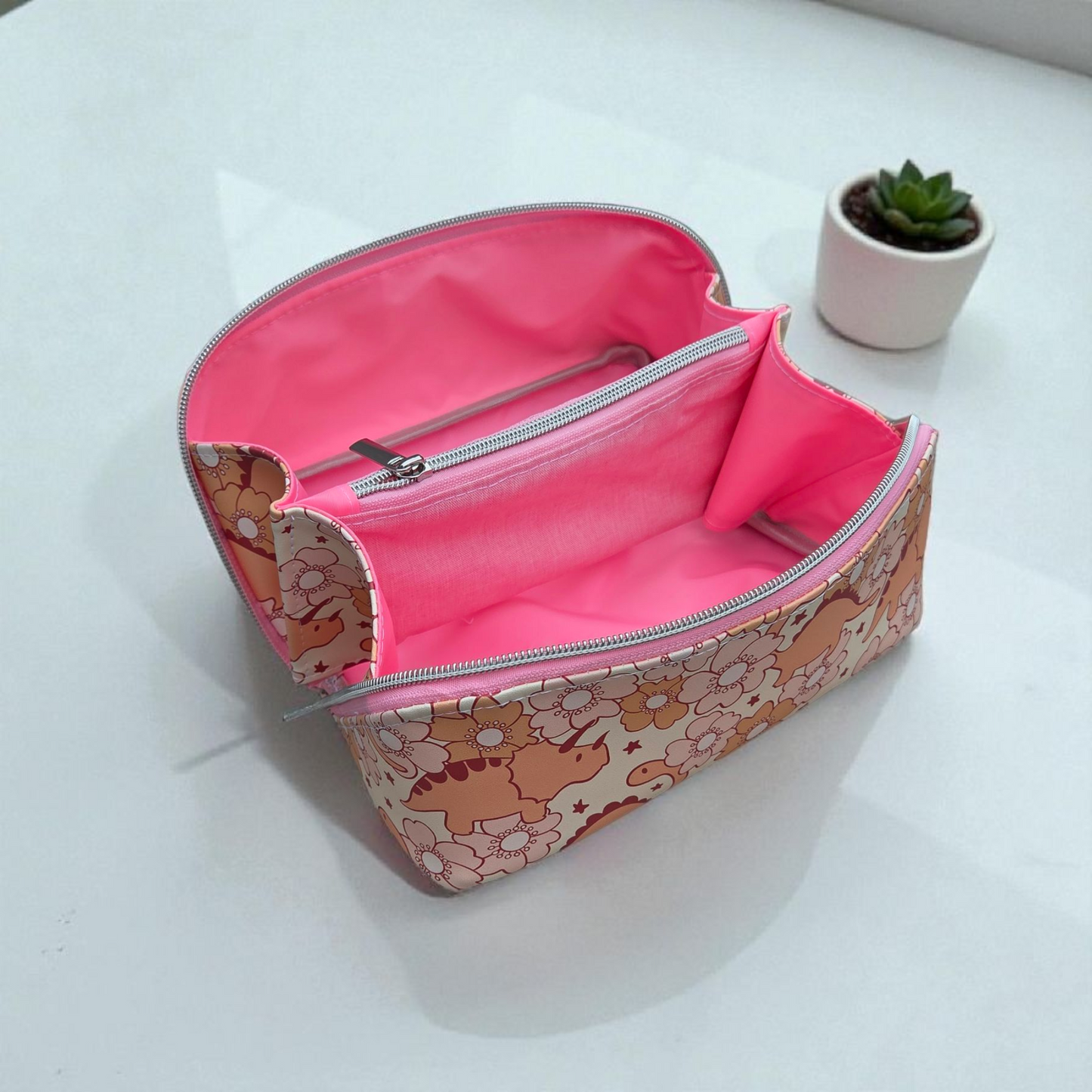 Floral dinos wide opening toiletries bag