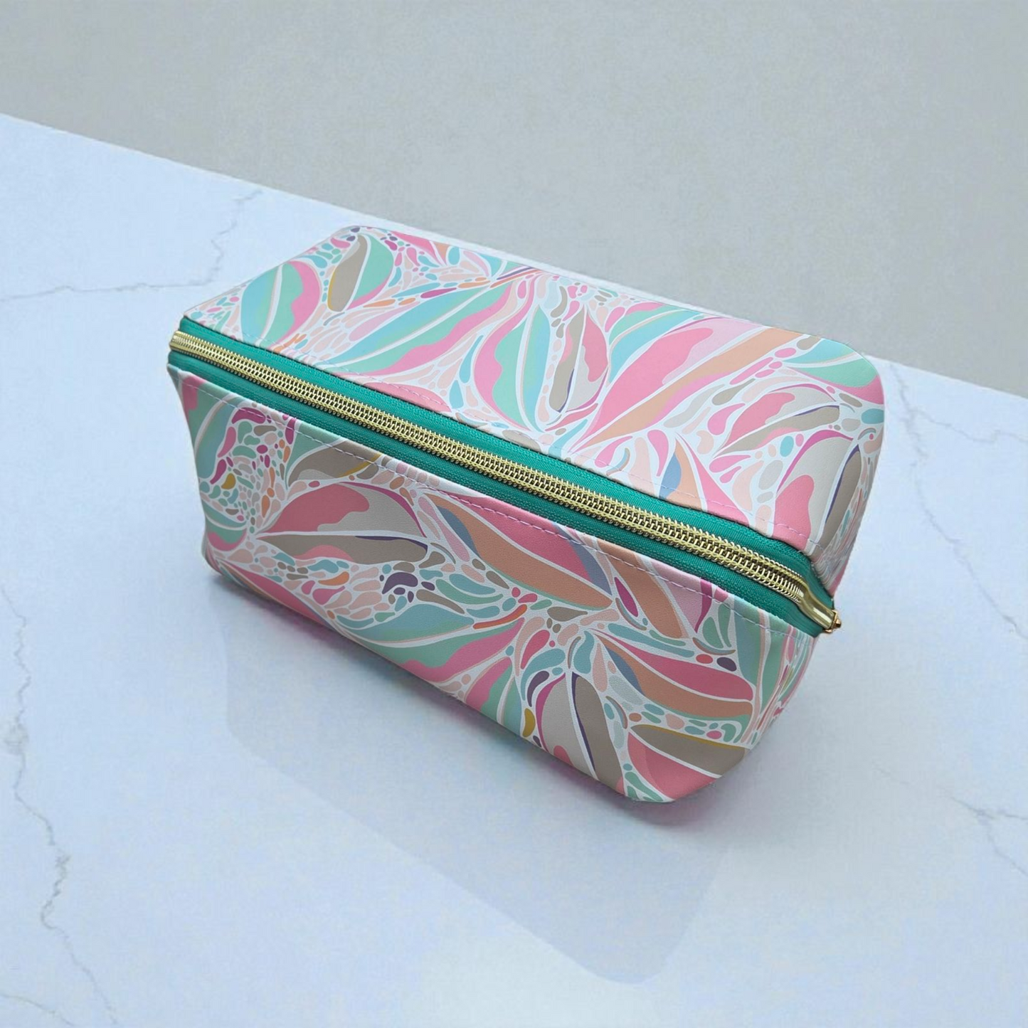 Whimsical gum leaves wide opening toiletries bag